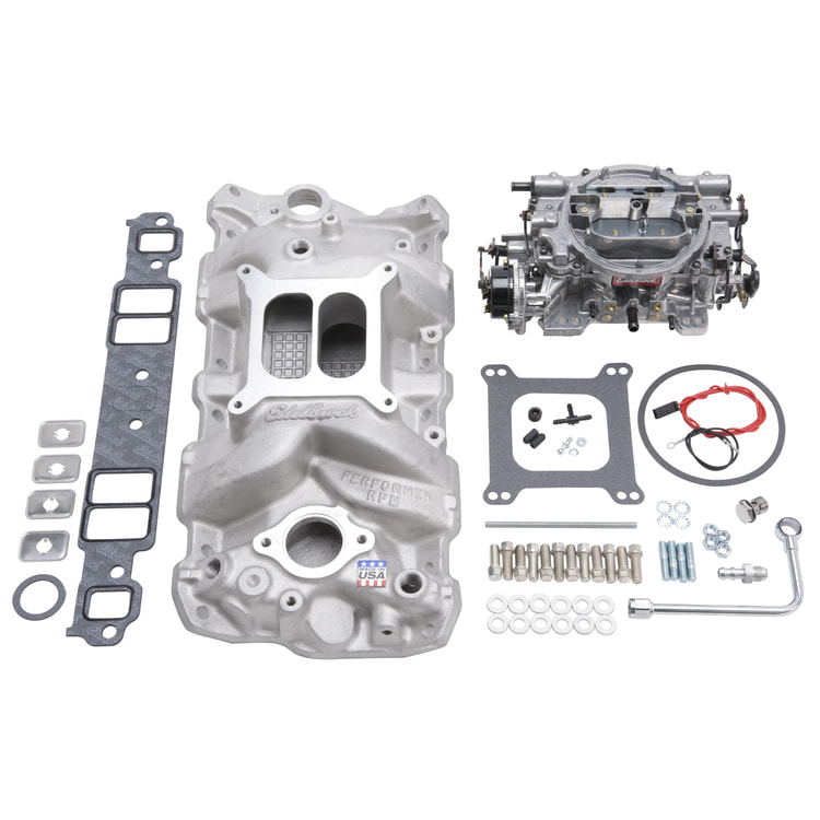 Edelbrock #2023 Performer Single-Quad Manifold and carb kit is designed for 1957-86 Small-Block Chevy
