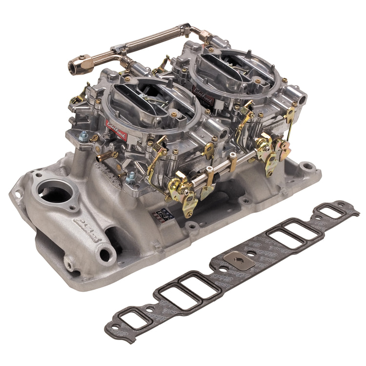 Edelbrock #2025 RPM Dual-Quad manifold and carb kit is designed for 1957-86 Small-Block Chevy