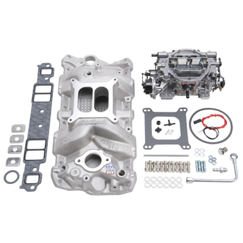 Edelbrock #2023 Performer Single-Quad Manifold and carb kit is designed for 1957-86 Small-Block Chevy