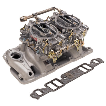 Edelbrock #2025 RPM Dual-Quad manifold and carb kit is designed for 1957-86 Small-Block Chevy