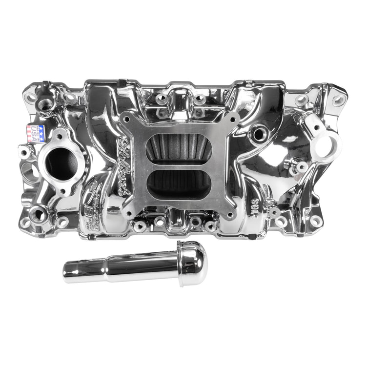 Performer EPS Intake Manifold w/Oil Fill Tube; Small-Block Chevy, Chrome Plasma