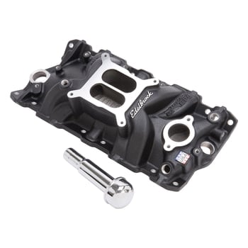 Performer EPS Manifold w/Oil Fill Tube for Small-Block Chevy, Black Finish