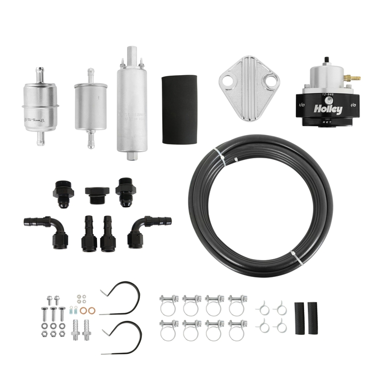 Holley EFI Fuel System Kit In-line Fuel Pump (12-920), Billet Regulator, Metal Filters, Earl's Super Stock™ hose, Barbed hose ends