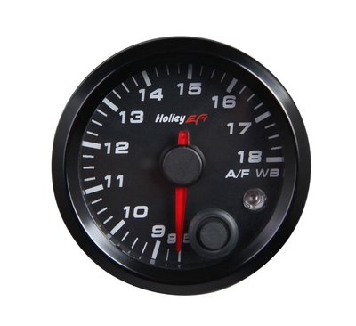 Holley EFI Standalone Air/Fuel Wideband 02 Gauge Kit Standard 2-1/16" Wideband A/F Gauge, 8.5-18, Black Face. Includes gauge, wiring harness, and Bosch LSU 4.9 wideband O2 sensor.