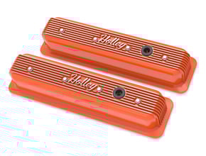 Holley Vintage Finned Valve Cover - "Holley" Script - SBC - Center Bolt - Factory Orange Machined