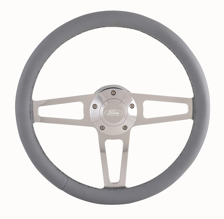 Billet T Series Gray Wrapped Polished Spoke Steering Wheel with Ford Logo & Install Kit (5285-1)