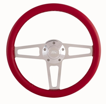 Billet T Series Red Wrapped Polished Spoke Steering Wheel with Ford Logo & Install Kit (5285-1)