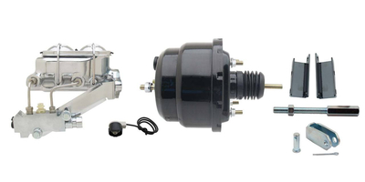 1955-1958 GM Full Size (Impala, Bel Air) 8" Dual Powder Coated Black Booster Conversion Kit w/ Chrome Master Cylinder Left Mount Disc/ Disc Proportioning Valve Kit